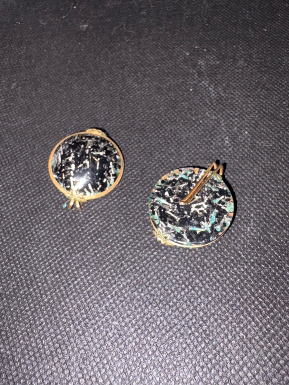 Vintage 1960's Lucite Plastic Black Confetti Disk Earrings Goldtone Metal